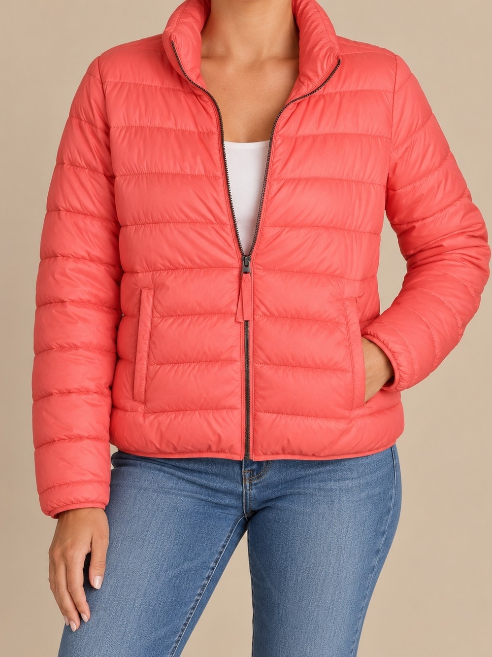 STYLUS Puffer Jacket Women’s XL Coral Pink Quilted Full Zip Lightweight Fall